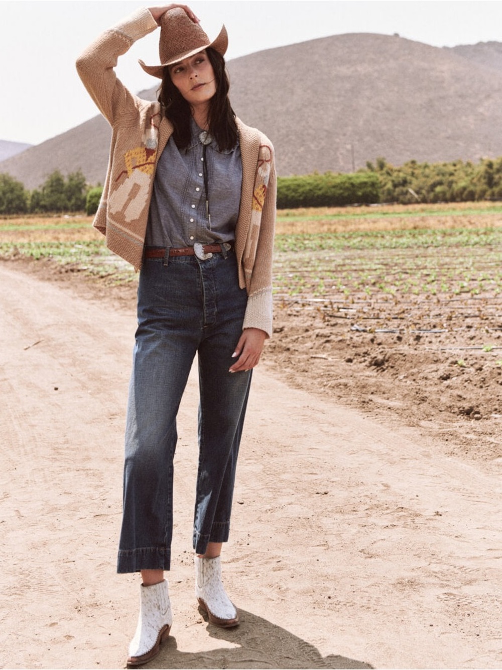 THE GREAT. Beige Knit Cardigan with Cream and Yellow Intarsia - Picture 3 of 13